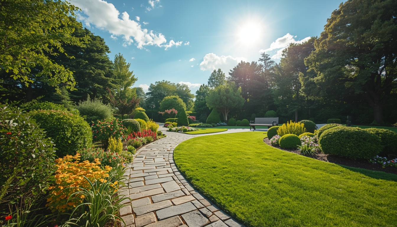 Jardín paisajístico con arbustos perfectamente podados